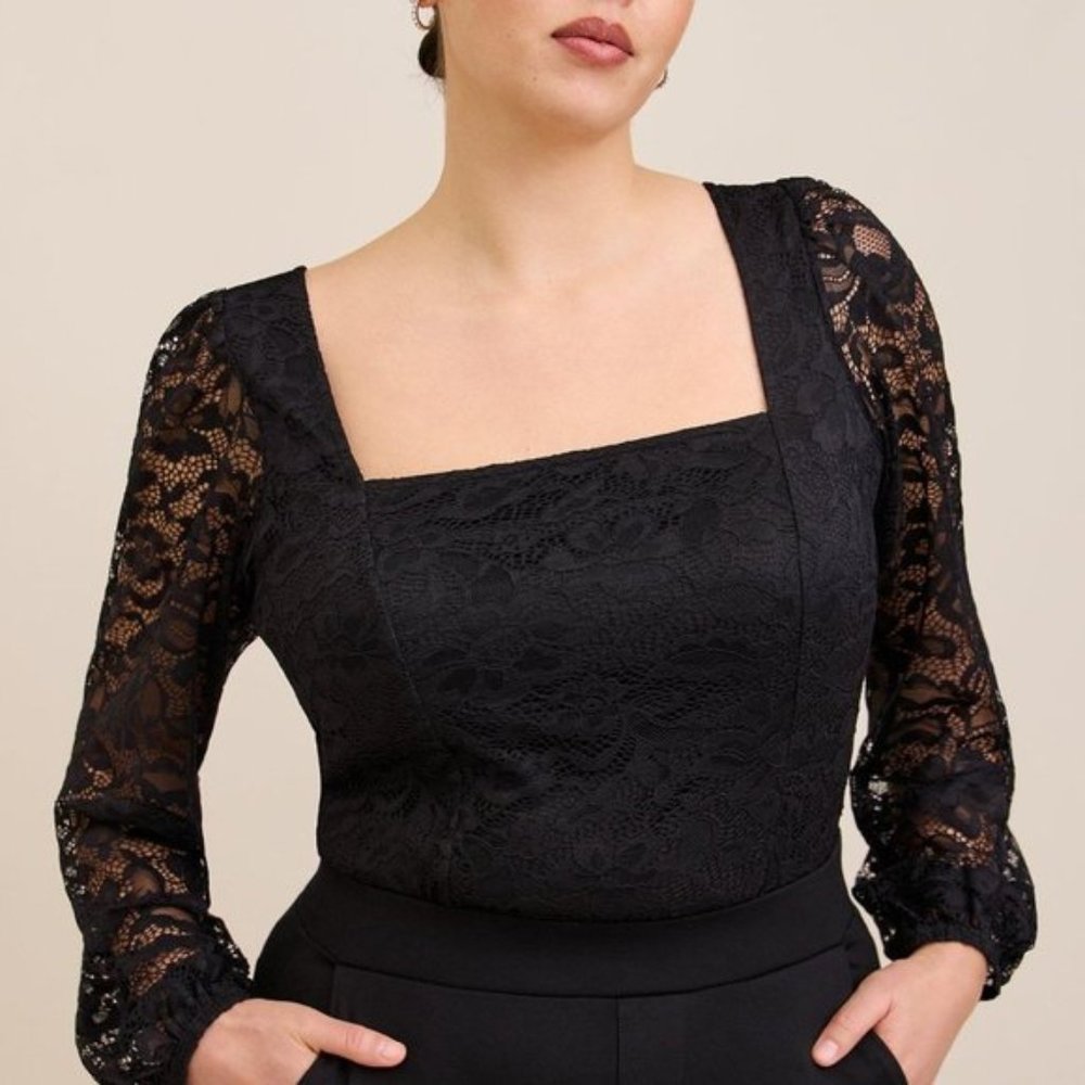 Torrid - Lace Square Neck Long Sleeve Top in Deep Black
